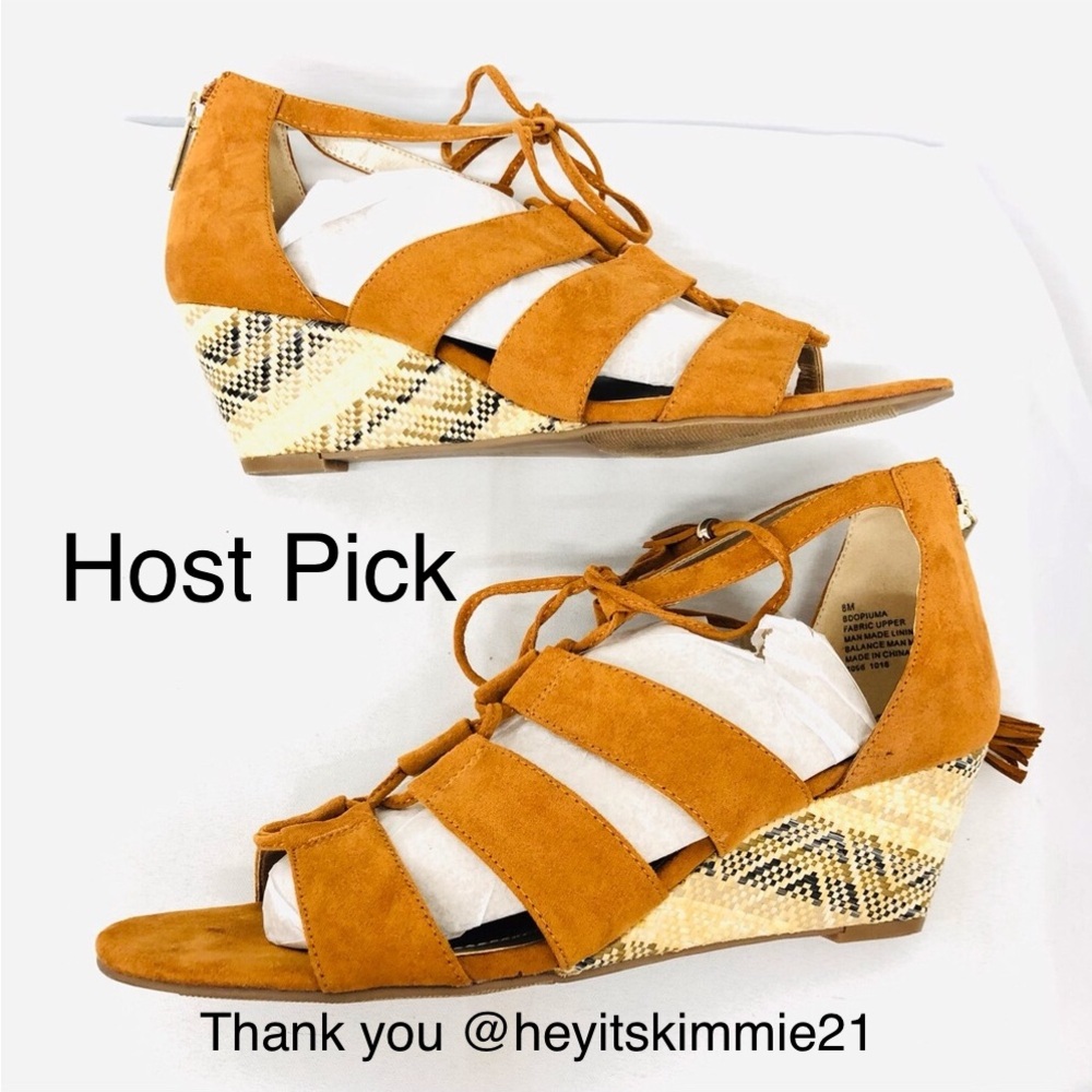 Bandolino Tan Suede Lace Up Wedge Sandal - Picture 3 of 16